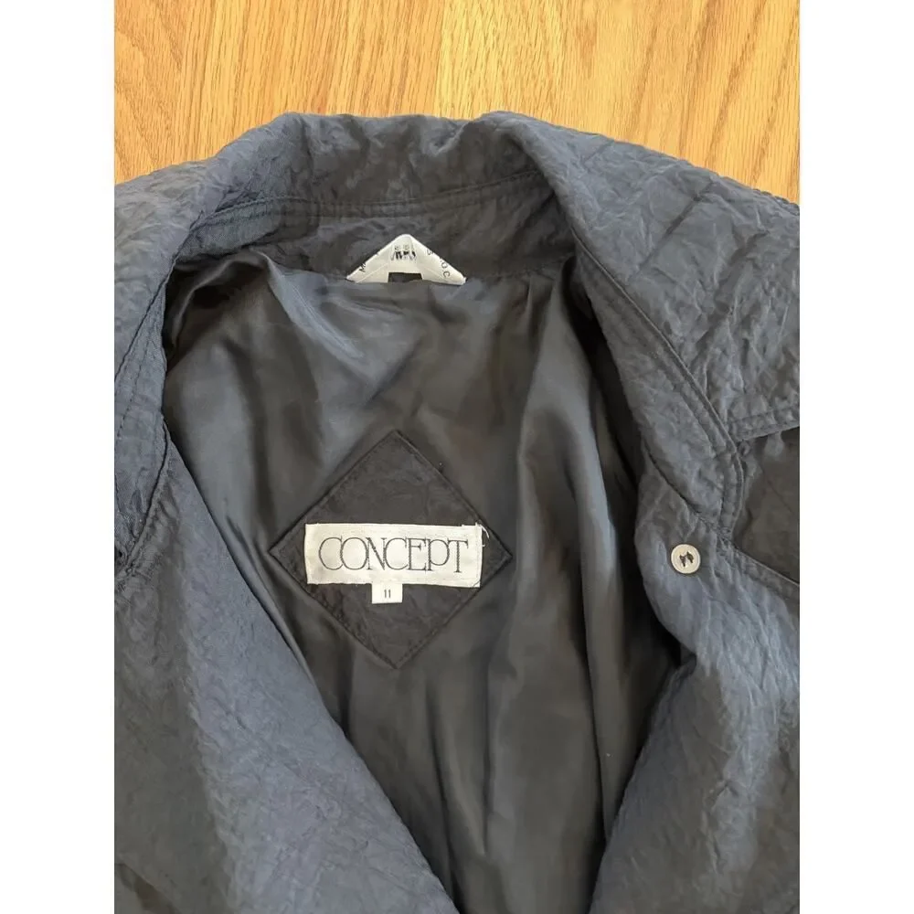 Vintage Concept Women's Black Crinkled Double-Breasted Trench Coat - Size 11